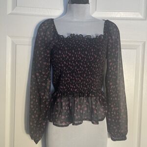 Mi Ami Smocked Shirt Womens XS Black Pink Floral Long Sleeve Whimsigoth Milkmaid